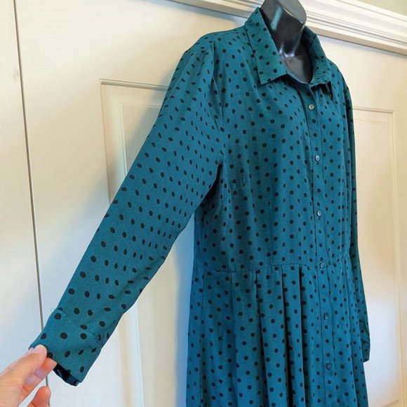 Glamorous Curve Long Sleeve Smock Dress, Green &  Black Polka Dots, Size 16 - Picture 3 of 4
